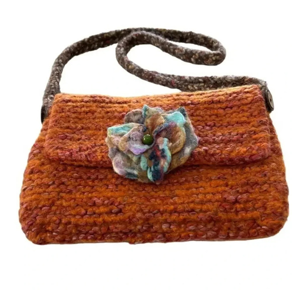 Vintage Handbags - Vintage Boiled Wool Crocheted Rose Crossbody Bag
